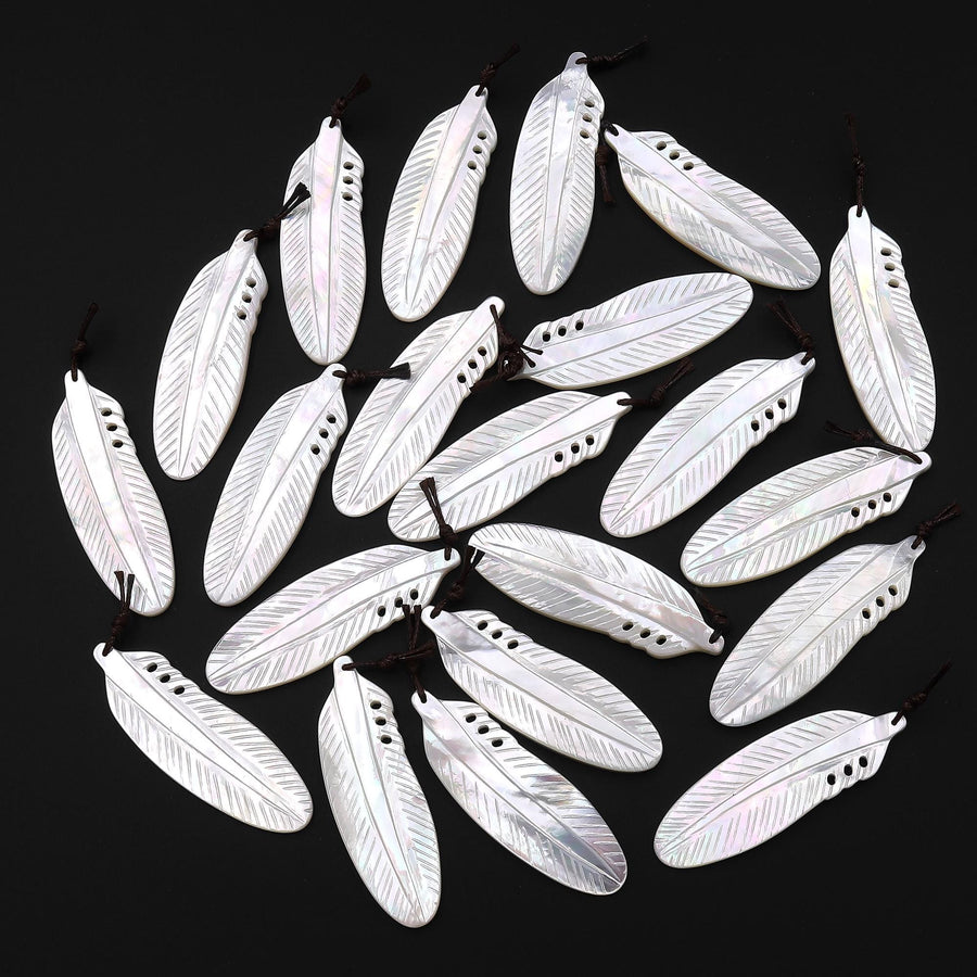 AAA Iridescent Hand Carved Natural White Mother of Pearl Feather Pendant
