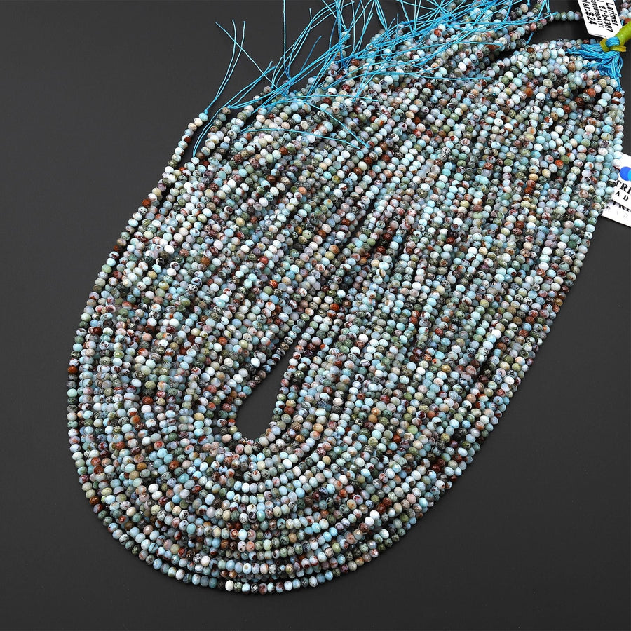 Faceted Natural Blue Larimar W/ Red Iron Matrix 3mm Beads Rondelle Gemstone 15.5" Strand