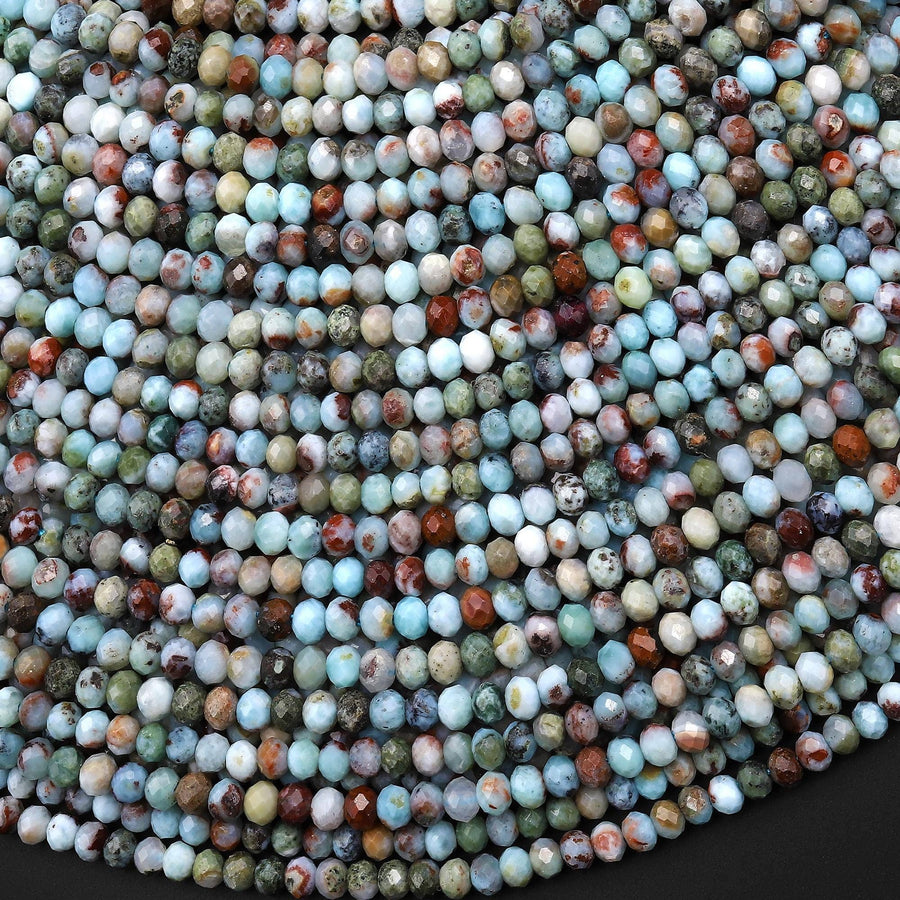 Faceted Natural Blue Larimar W/ Red Iron Matrix 3mm Beads Rondelle Gemstone 15.5" Strand