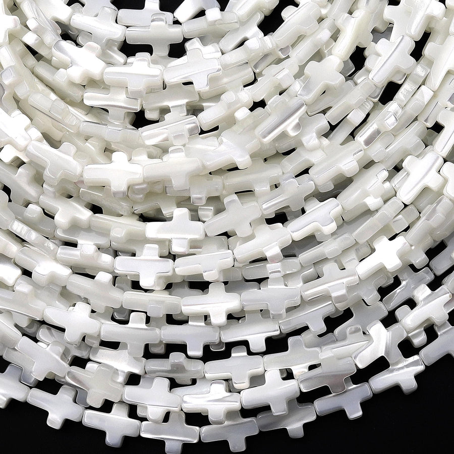 AAA Iridescent Carved Natural White Mother of Pearl Shell Cross Beads Vertically Drilled 15.5" Strand