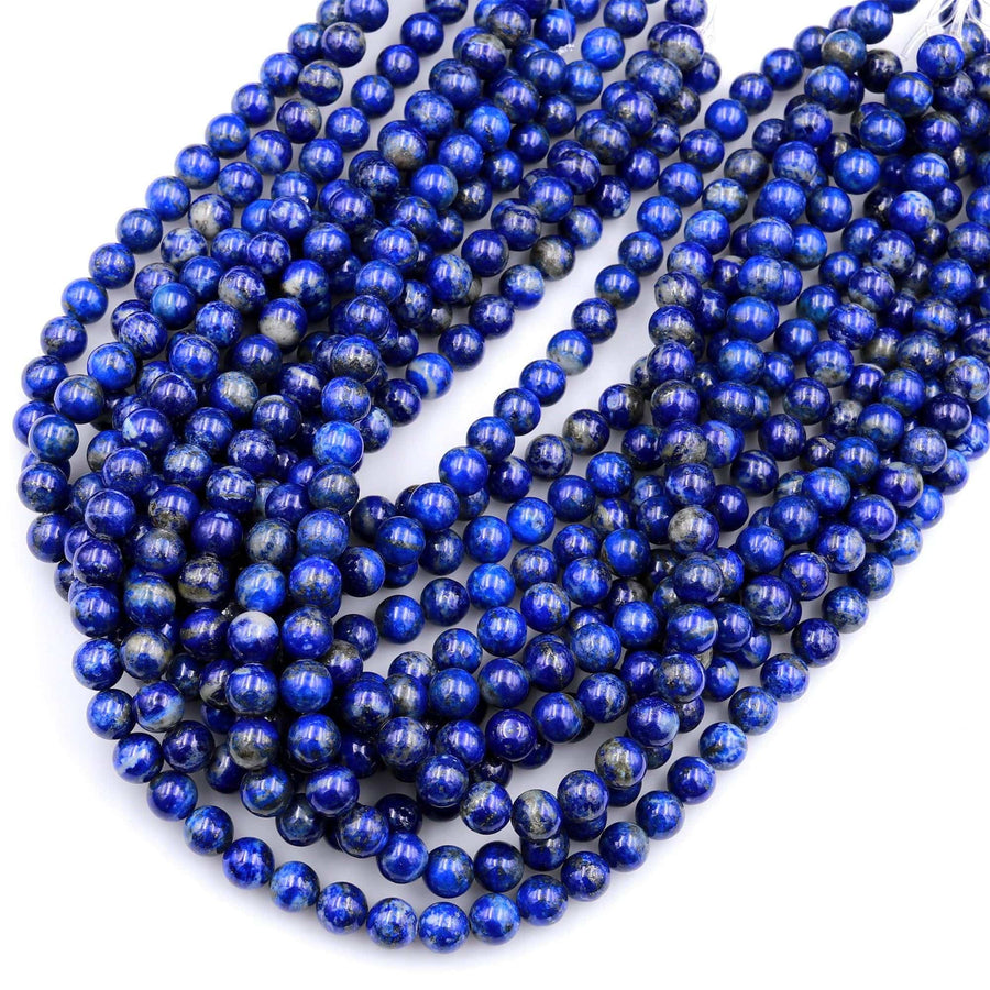Genuine 100% Natural Blue Lapis 3mm 4mm 6mm 8mm 10mm 12mm Round Beads With Pyrite Calcite Matrix 15.5" Strand