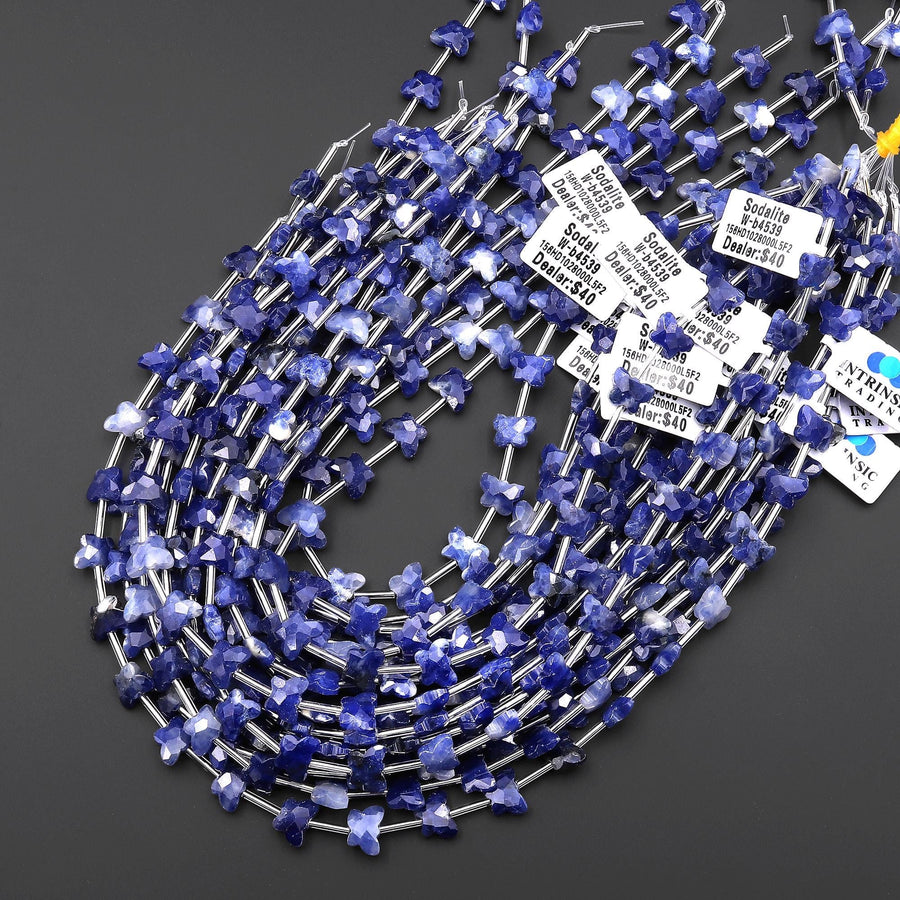 Faceted Natural Blue Sodalite Butterfly Beads 10mm Carved Gemstone 15.5" Strand