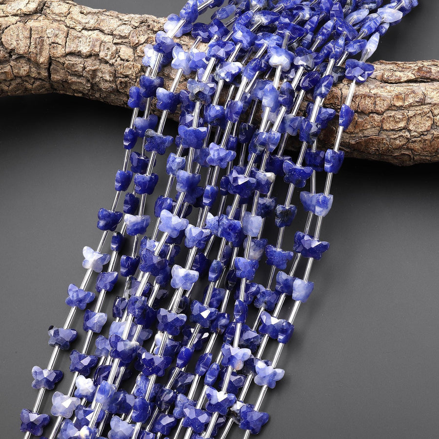 Faceted Natural Blue Sodalite Butterfly Beads 10mm Carved Gemstone 15.5" Strand