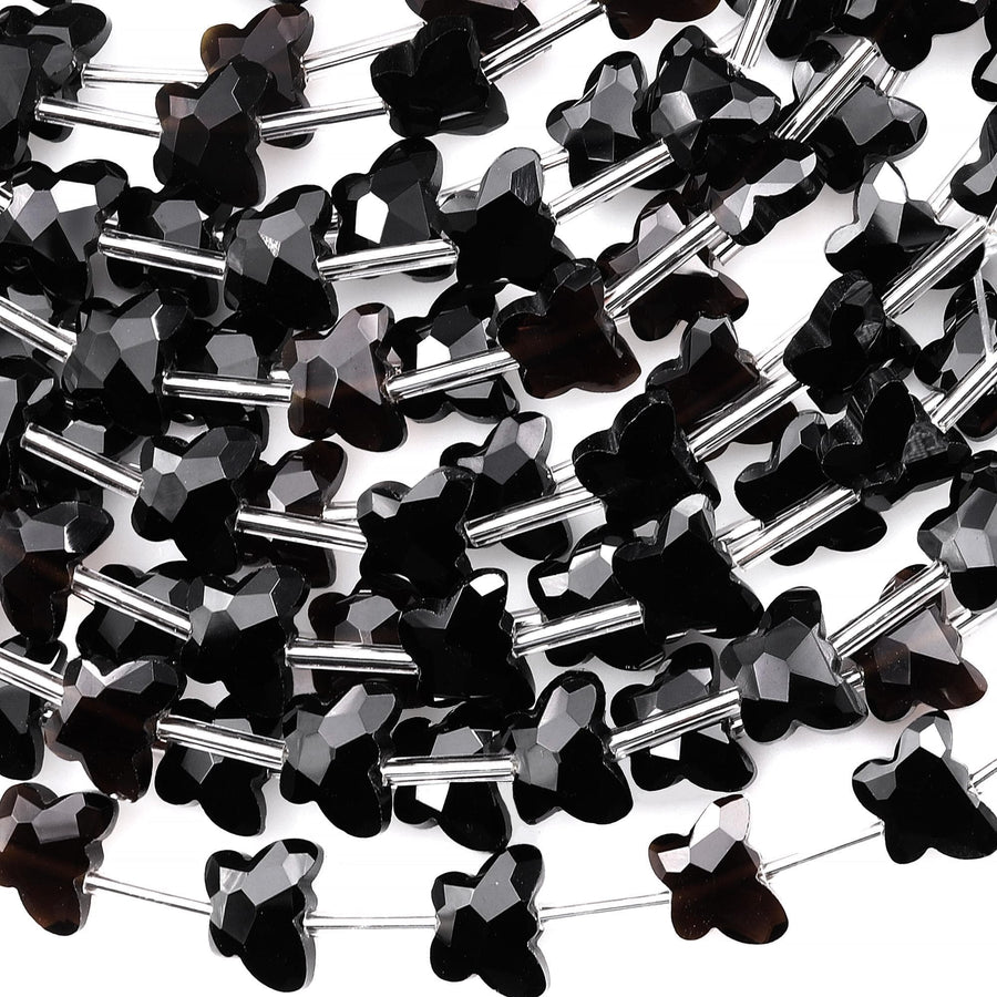 Faceted Natural Black Rainbow Obsidian Butterfly Beads 10mm Carved Gemstone 15.5" Strand