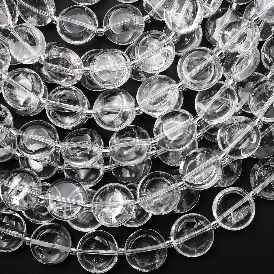 AAA Super Clear Real Genuine Natural Rock Crystal Quartz Smooth 12mm Coin Beads 15" Strand