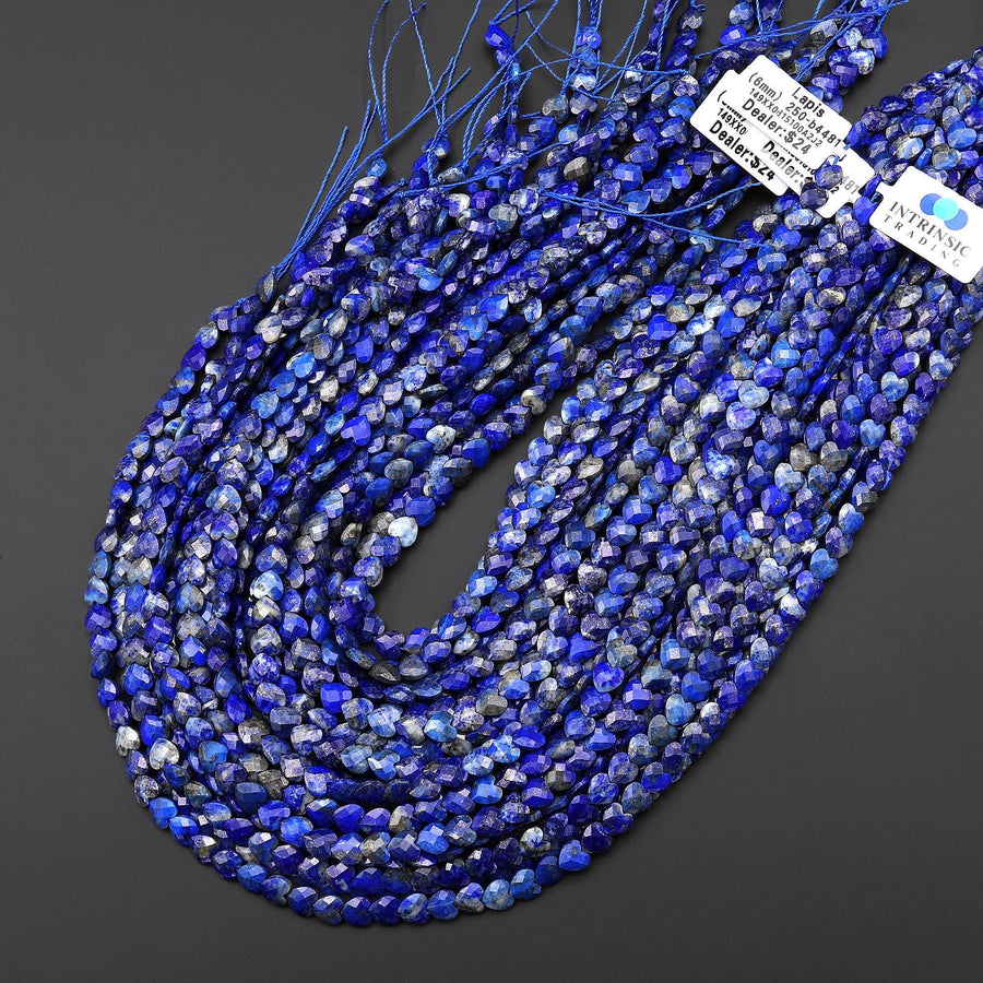 Natural Lapis Faceted Heart Beads 6mm Center Drilled Gemstone 15.5" Strand