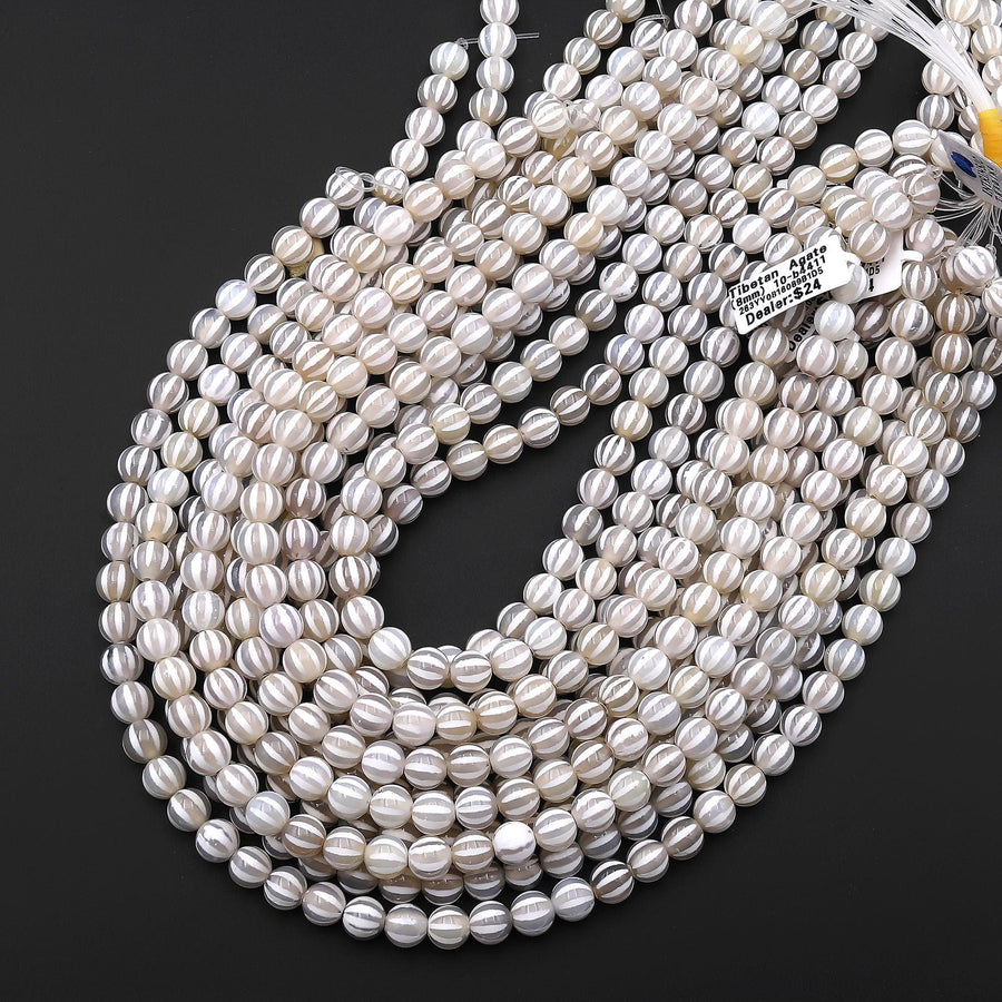 Tibetan Agate 8mm 10mm Round Beads White Dzi Agate Wavy Line Melon Pumpkin Mala Antique Boho Beads 15.5" Strand
