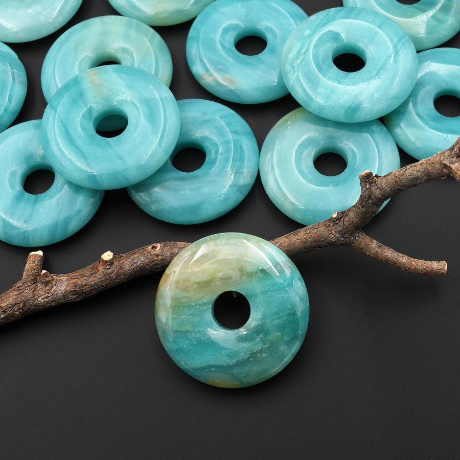 AAA Natural Brazilian Blue Amazonite Donut Pendant 30mm A5