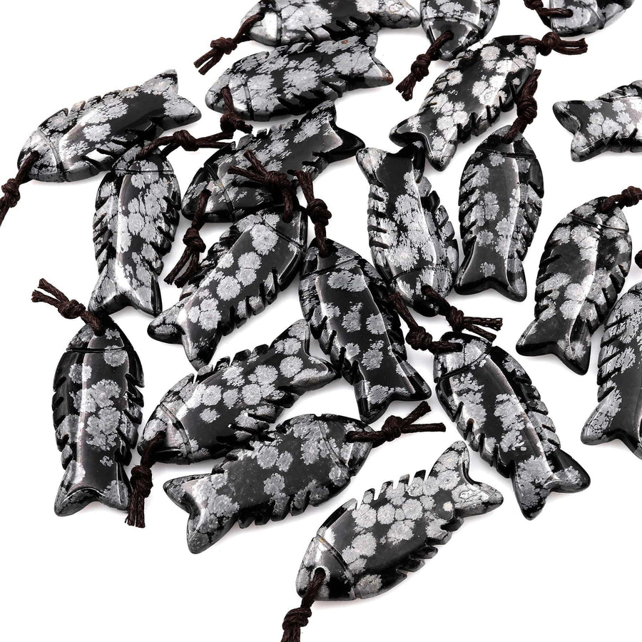 AAA Hand Carved Natural Gemstone Fish Pendant Snowflake Obsidian Moon Gray Black