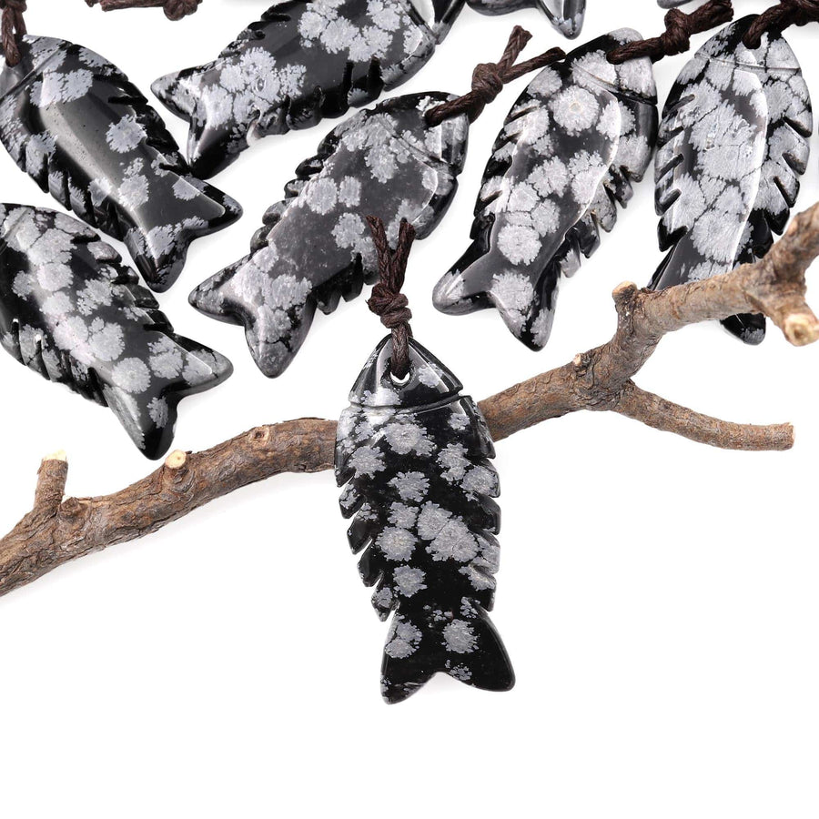 AAA Hand Carved Natural Gemstone Fish Pendant Snowflake Obsidian Moon Gray Black A1