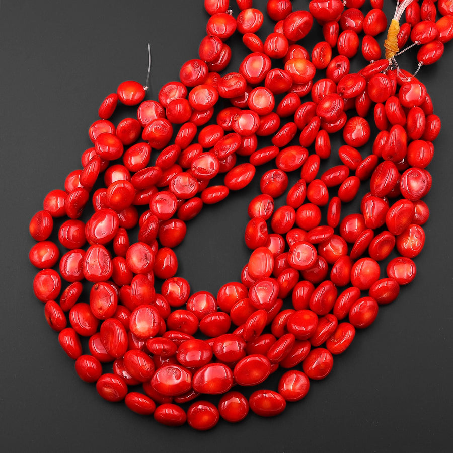 AAA Genuine Orange Red Coral Freeform Coin Nugget Beads 15.5" Strand