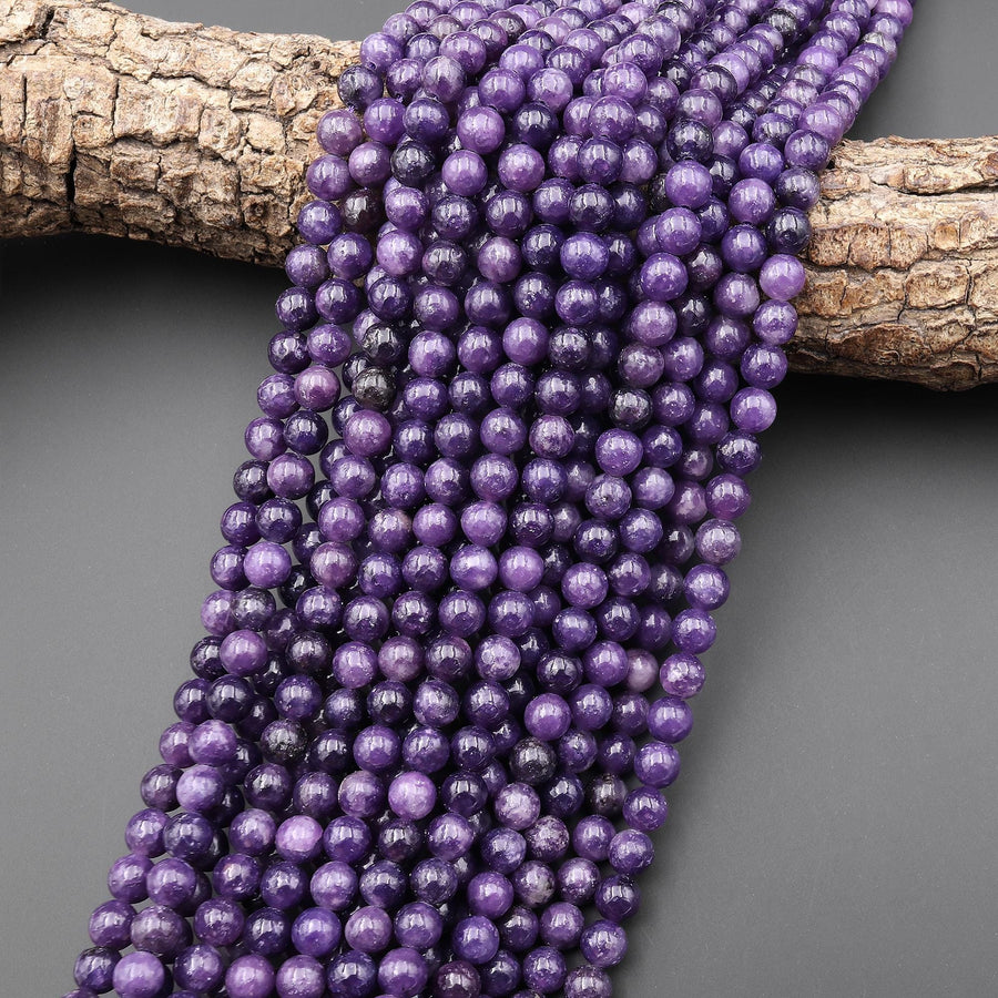 Natural Dark Purple Lepidolite 6mm Smooth Round Beads 15.5" Strand