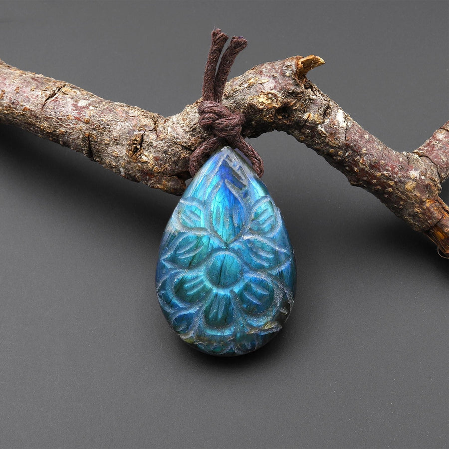 AAA Hand Carved Natural Blue Labradorite Flower Pendant Top Side Drilled Gemstone PDT0749