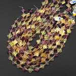 Rare Natural Honey Gold Mauve Purple Candy Fluorite 4 Four Leaf Clover Flower Beads 14mm 3D Carving 15.5" Strand