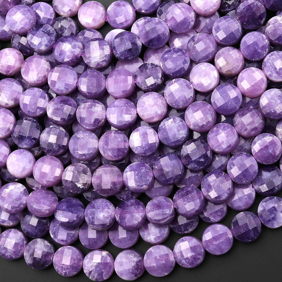 Faceted Natural Lepidolite 6mm 8mm Coin Beads Shimmering Mica Matrix Gemstone 15.5" Strand