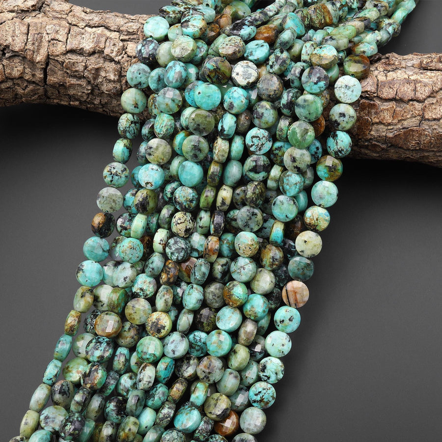 AAA Faceted Natural African Turquoise 6mm 8mm Coin Beads Gemstone 15.5" Strand