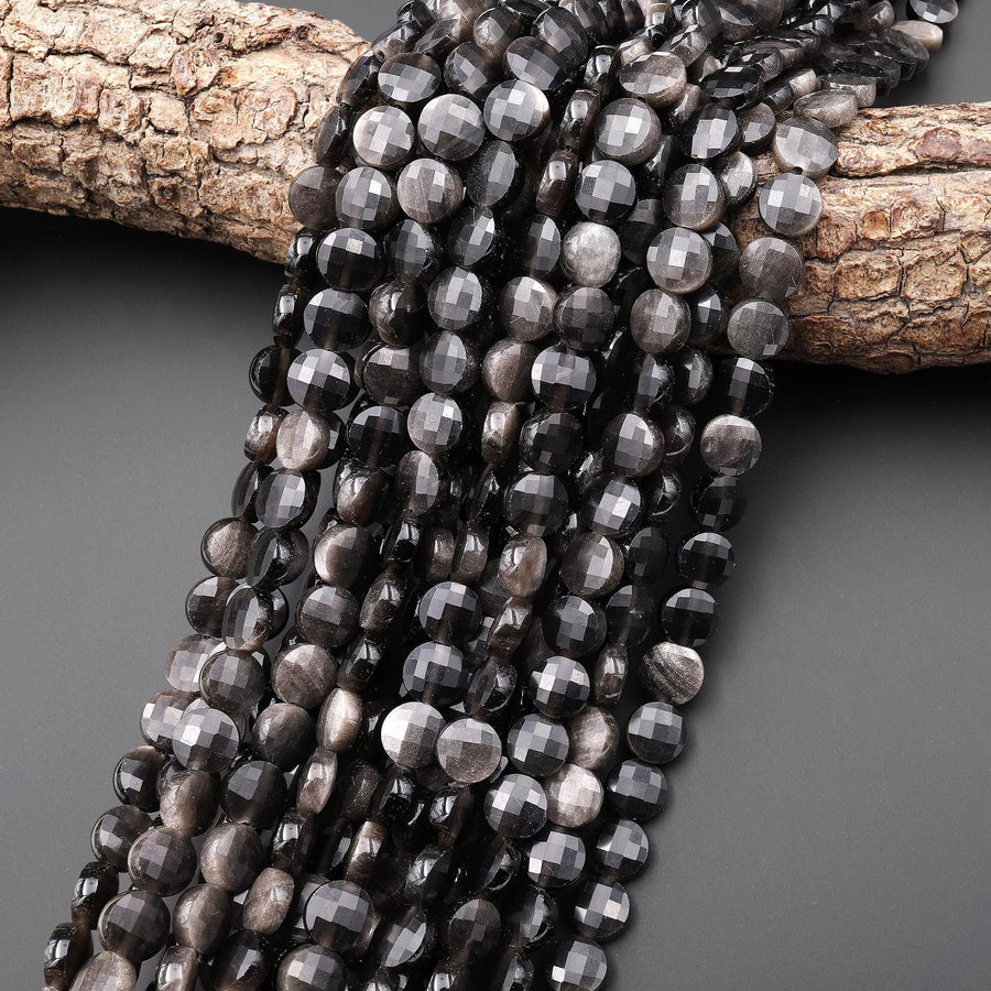 AAA Faceted Natural Silver Obsidian 6mm 8mm Coin Beads 15.5" Strand