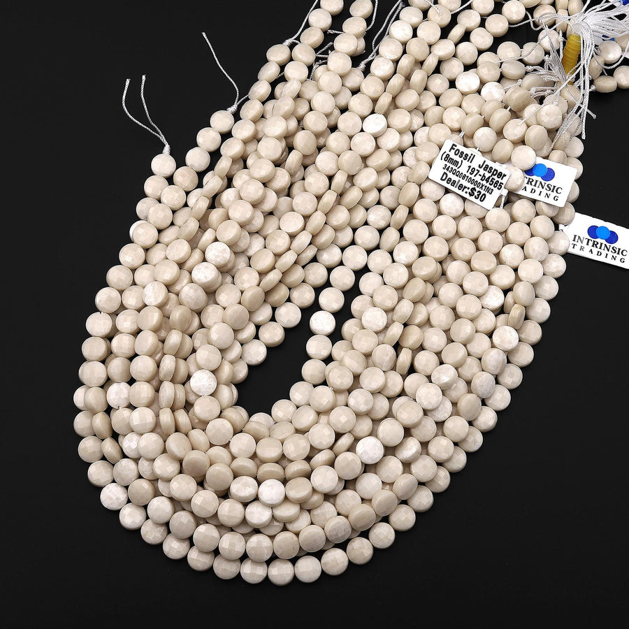 AAA Faceted Natural Fossil Jasper Aka River Stone 6mm 8mm Coin Beads Natural Creamy Beige White Stone 15.5" Strand