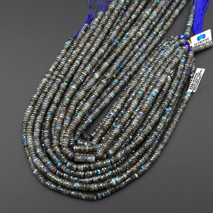 AAA Faceted Natural Labradorite 6mm Thin Heishi Rondelle Beads 15.5" Strand