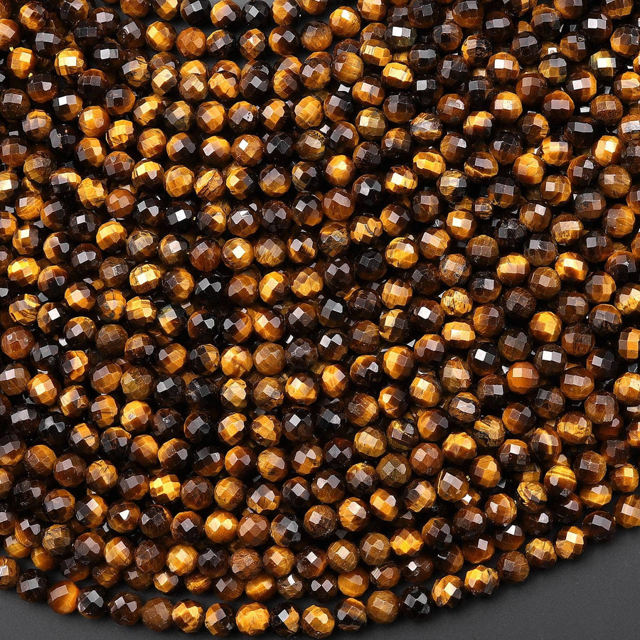 AAA Faceted Natural Tiger's Eye 4mm Round Beads 15" Strand