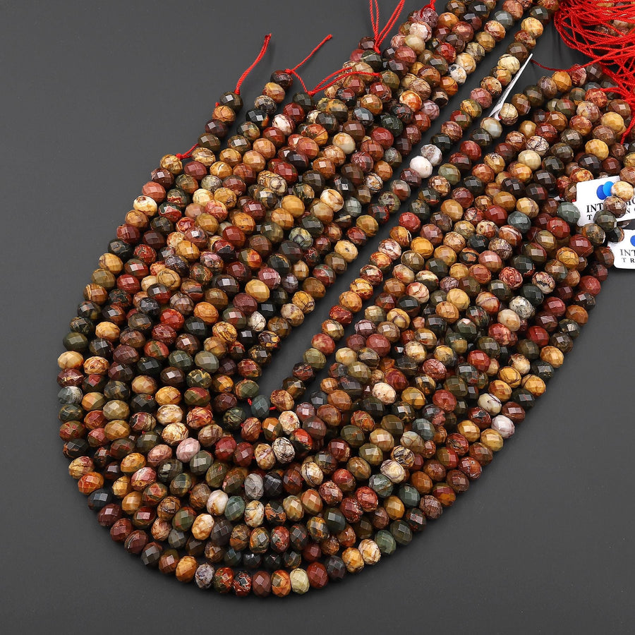 Faceted Natural Red Creek Jasper Bead 8mm Rondelle Earthy Red Green Yellow Brown Multi-color Picasso Jasper 15.5" Strand
