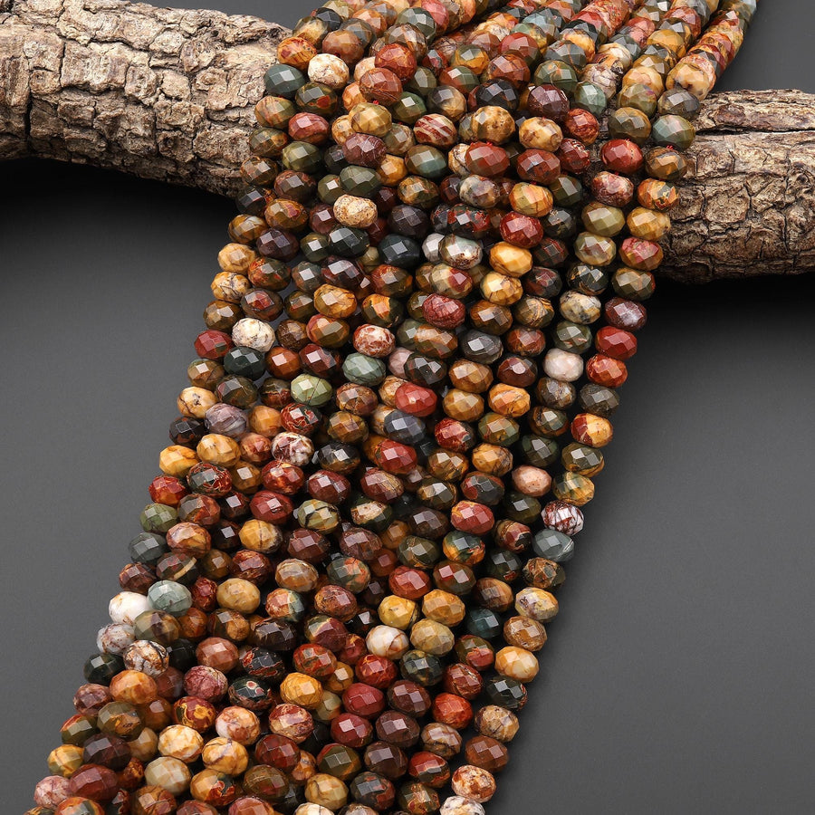 Faceted Natural Red Creek Jasper Bead 8mm Rondelle Earthy Red Green Yellow Brown Multi-color Picasso Jasper 15.5" Strand