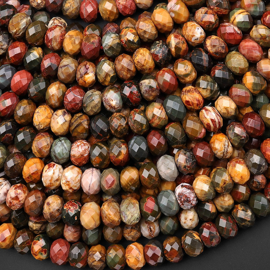 Faceted Natural Red Creek Jasper Bead 8mm Rondelle Earthy Red Green Yellow Brown Multi-color Picasso Jasper 15.5" Strand