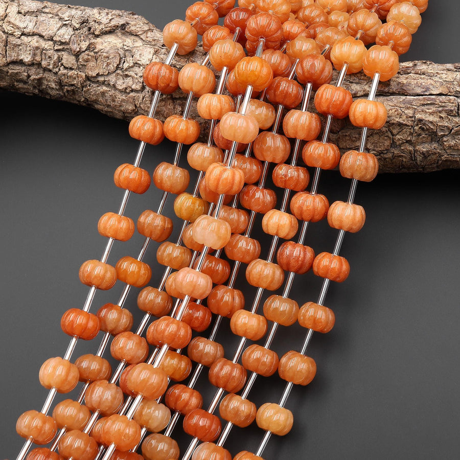 AAA Hand Carved Natural Orange Aventurine 12mm Pumpkin Melon Rondelle Beads 15.5" Strand