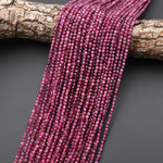 Faceted Natural Red Pink Rubellite Tourmaline 2mm 3mm 4mm Round Beads Micro Diamond Cut Gemstone 15.5" Strand
