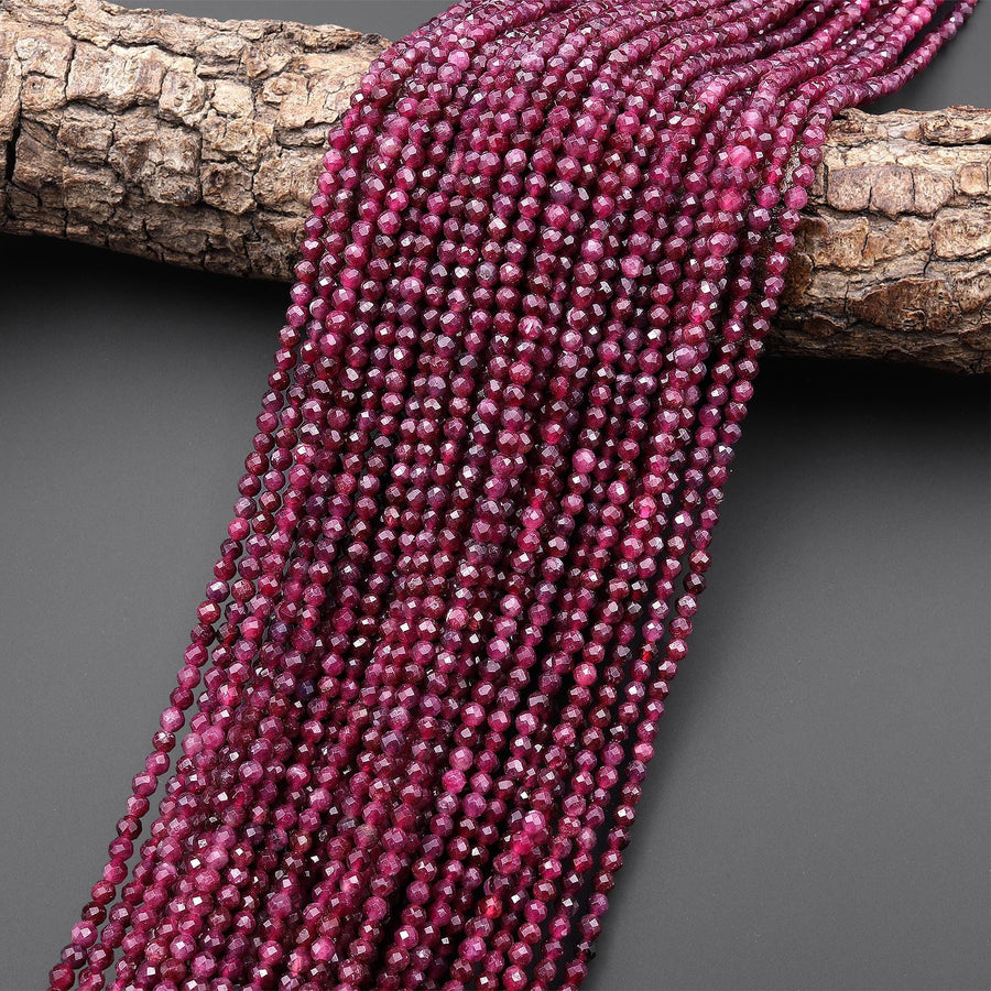 AAA Faceted Natural Dark Red Fuchsia Pink Rubellite Tourmaline 3mm Round Beads Gemstone 15.5" Strand