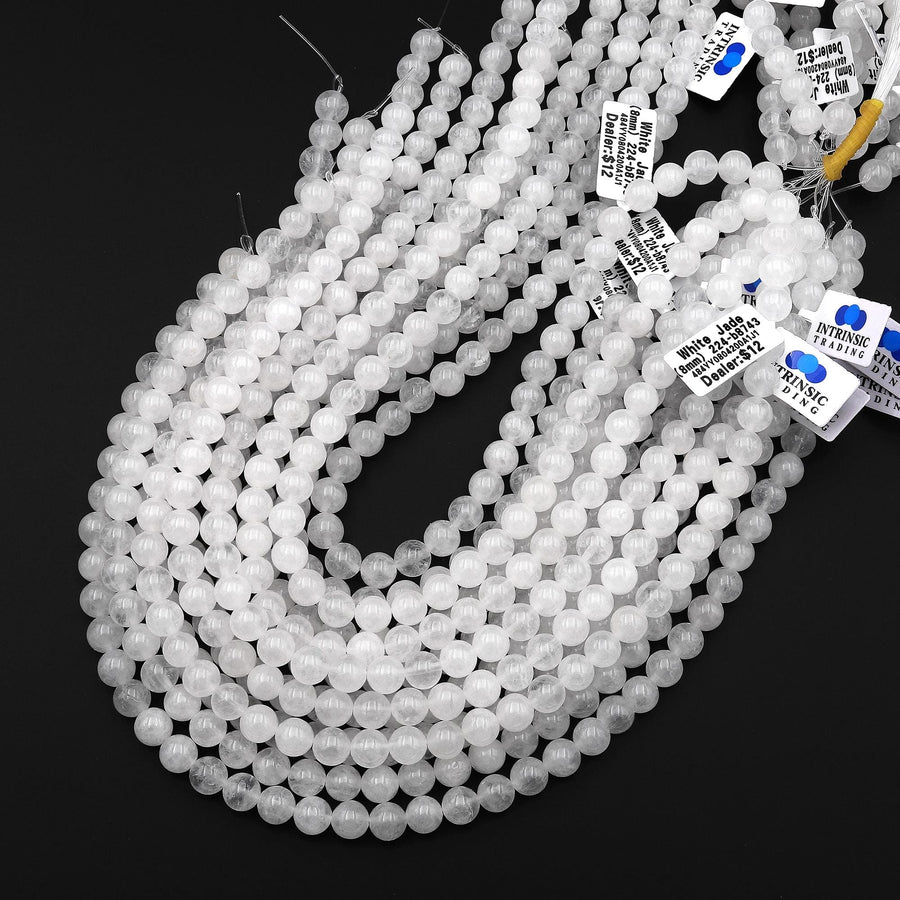 Icy Translucent Natural White Jade Smooth Round 4mm 6mm 8mm Beads 15.5" Strand