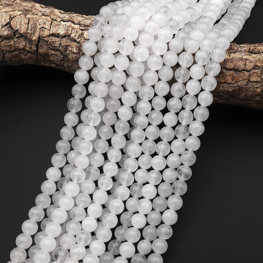 Icy Translucent Natural White Jade Smooth Round 4mm 6mm 8mm Beads 15.5" Strand