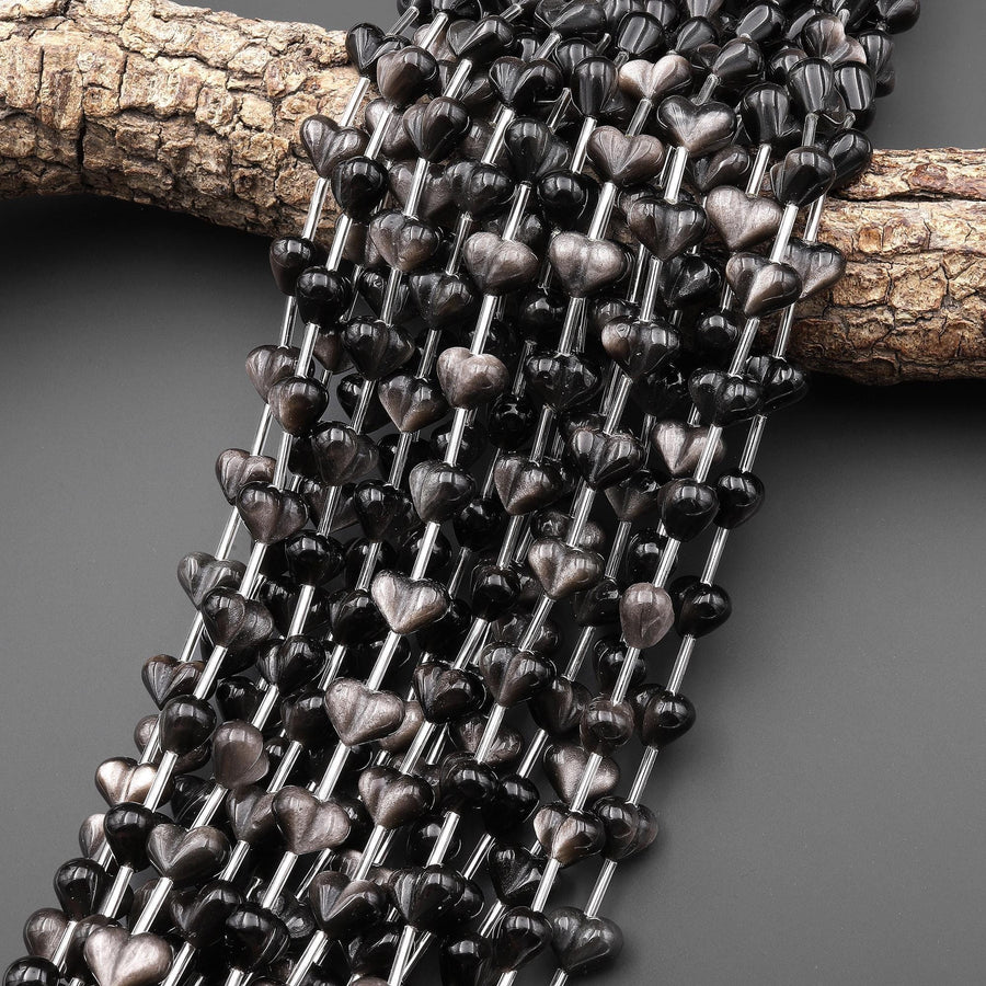 AAA Natural Silver Obsidian Heart 12mm Beads Gemstone Puffy Heart Vertically Drilled 15.5" Strand