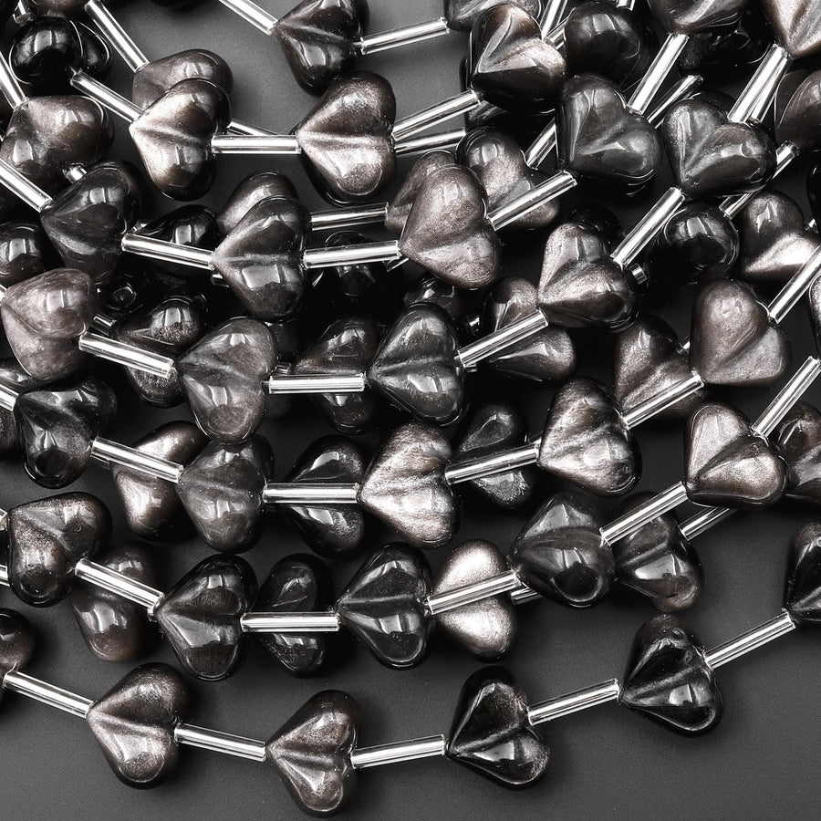 AAA Natural Silver Obsidian Heart 12mm Beads Gemstone Puffy Heart Vertically Drilled 15.5" Strand