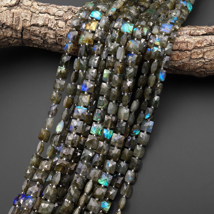 AAA Faceted Natural Labradorite Square Cushion Beads 8mm Brilliant Golden Blue Green Flashes Fire 15.5" Strand