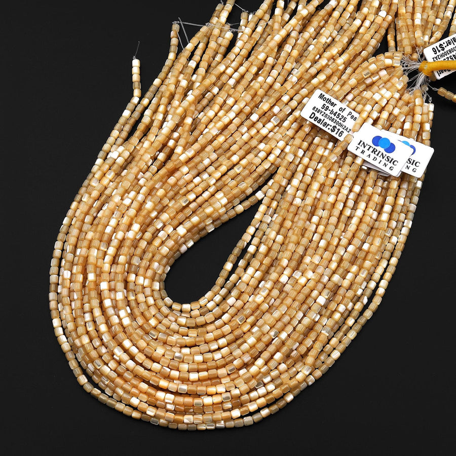 Natural Golden Brown Mother of Pearl Shell Short Cylinder Rounded Tube Beads 3mm 15.5" Strand