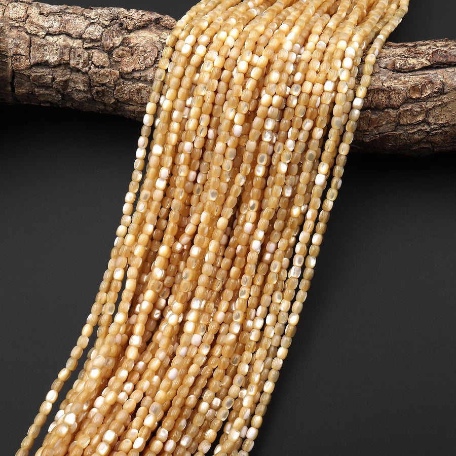 Natural Golden Brown Mother of Pearl Shell Small Cylinder Rounded Drum Tube Beads 3mm 15.5" Strand