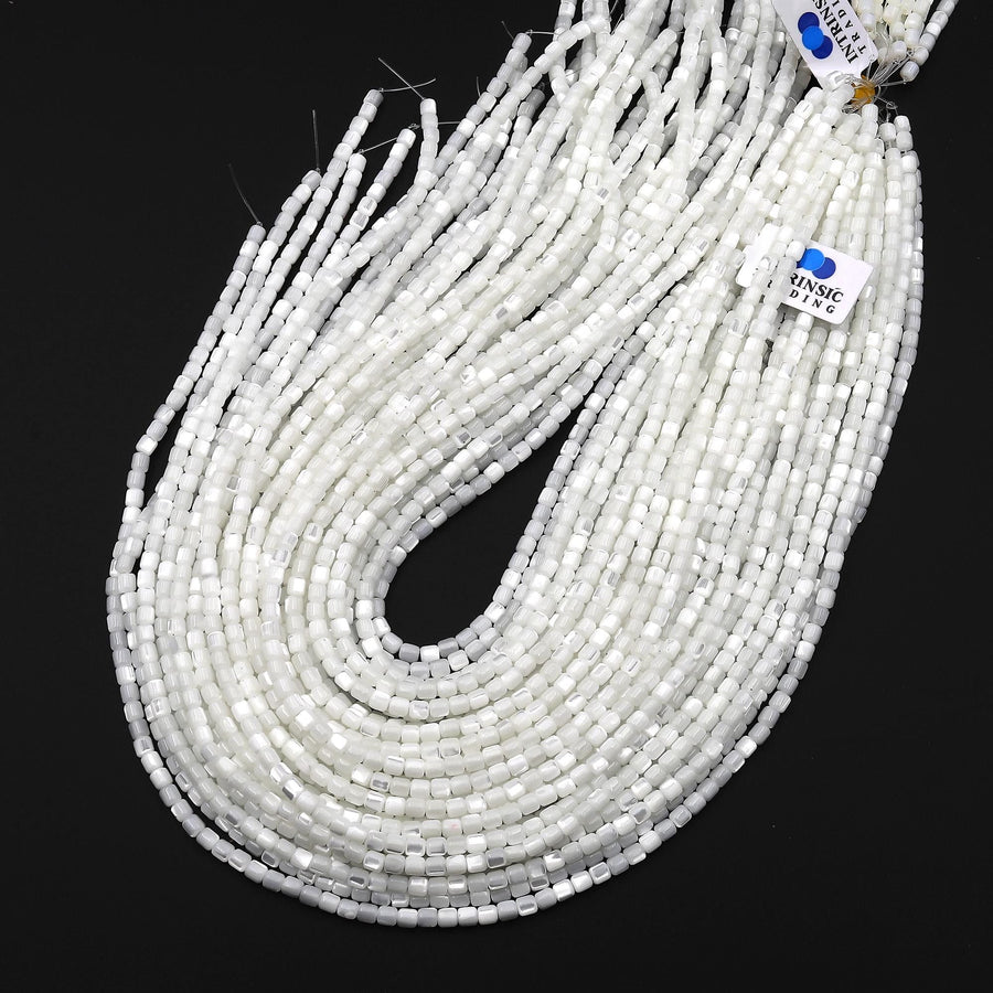 Natural White Mother of Pearl Shell Short Cylinder Rounded Tube Beads 3mm 15.5" Strand
