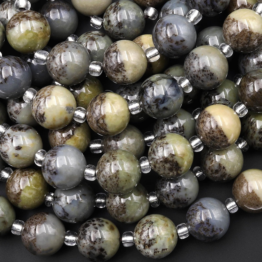 AAA Rare Natural Dendritic Jade 12mm 14mm Round Beads 15.5" Strand