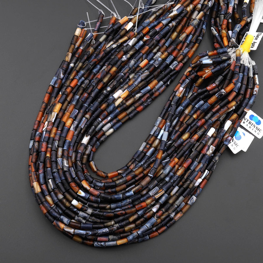 Matte Tibetan Orange Red Black Fire Agate Tube 3x7mm Beads 15" Strand