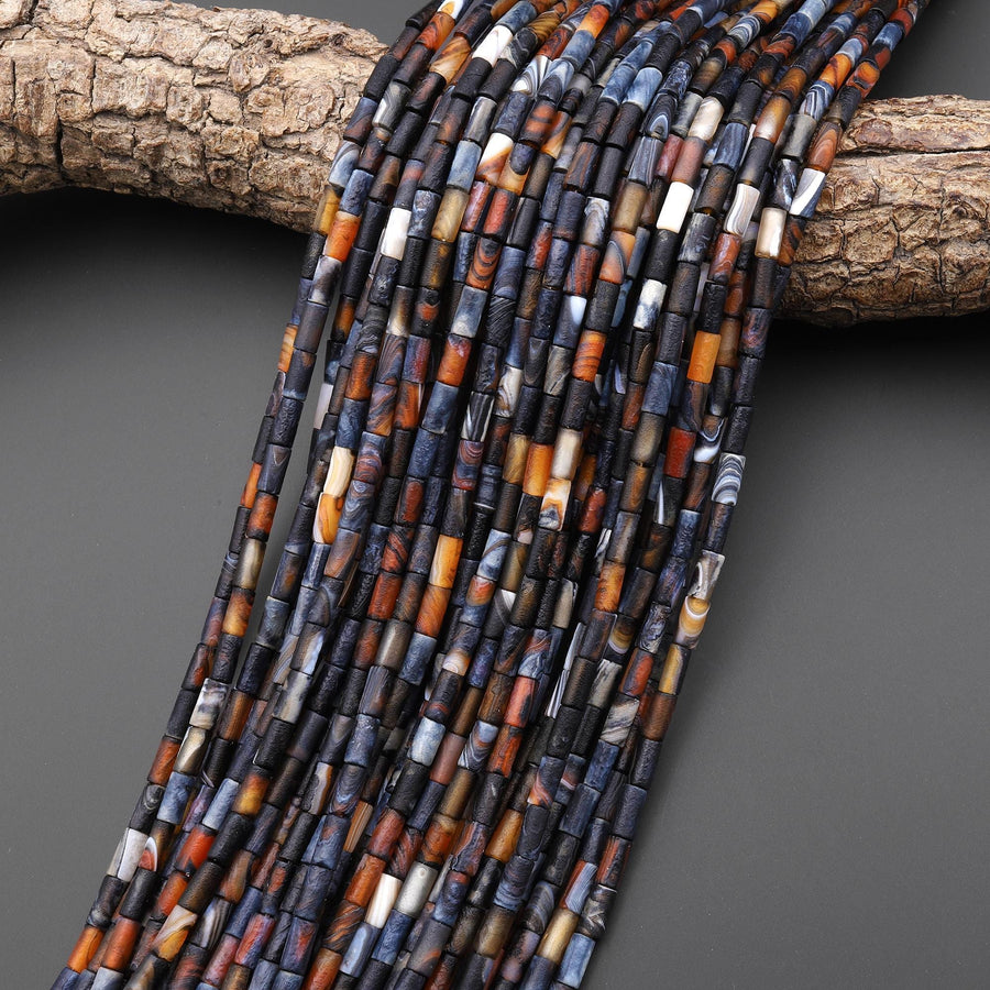 Matte Tibetan Orange Red Black Fire Agate Tube 3x7mm Beads 15" Strand