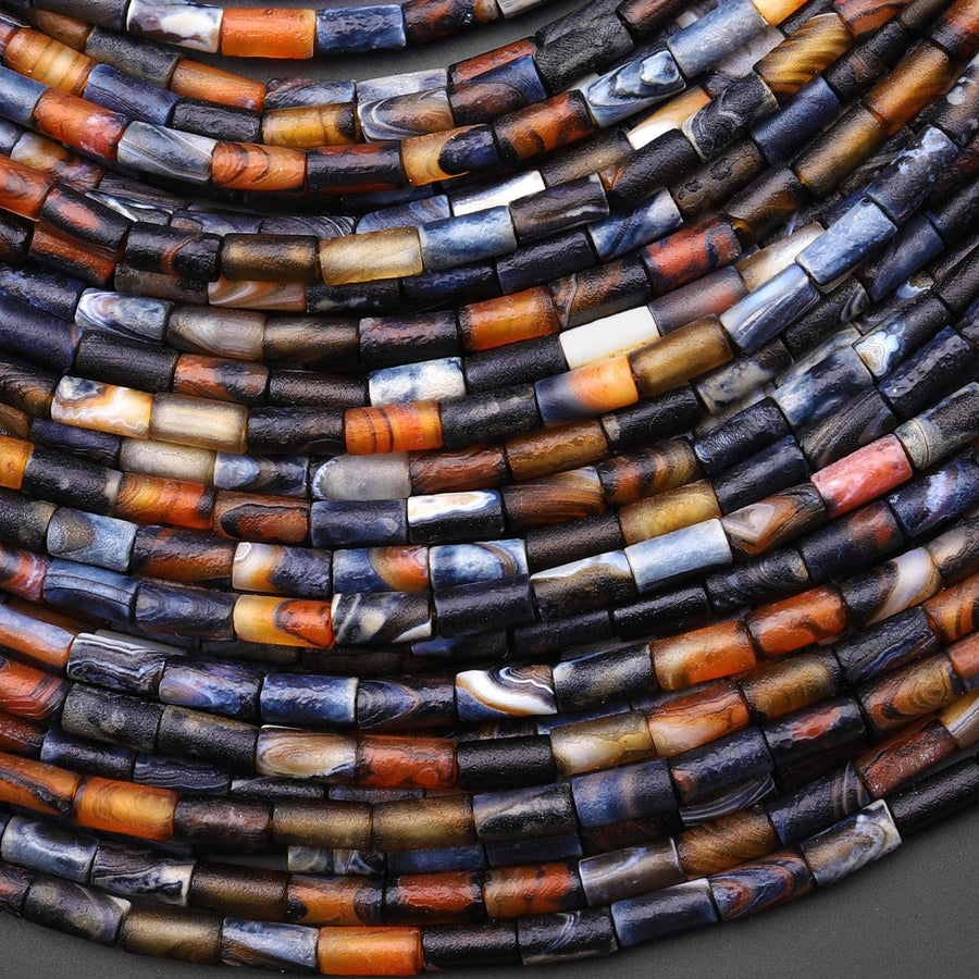 Matte Tibetan Orange Red Black Fire Agate Tube 3x7mm Beads 15" Strand