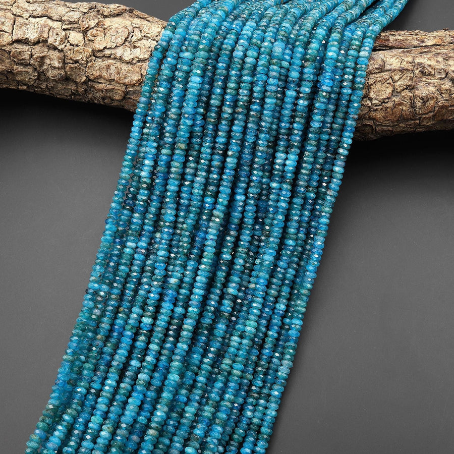 Faceted Natural Teal Blue Apatite 4mm Thin Rondelle Beads Gemstone 15.5" Strand