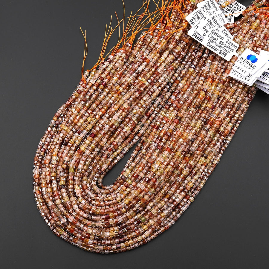AAA Faceted Genuine Natural Zircon 3mm Cube Beads Champagne Gold Orange Canary Yellow Diamond Cut Gemstone 15.5" Strand