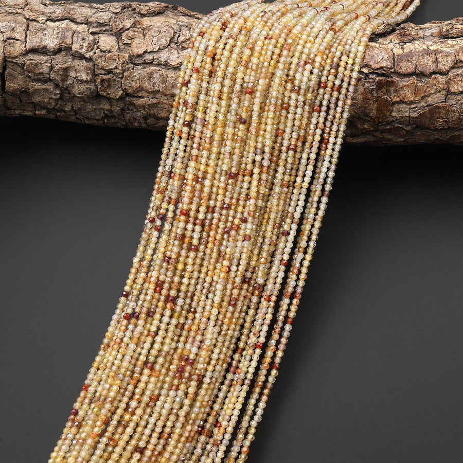 AAA Faceted Genuine Natural Zircon Round Beads 2mm Golden Champagne Canary Yellow Diamond Cut Gemstone 15.5" Strand