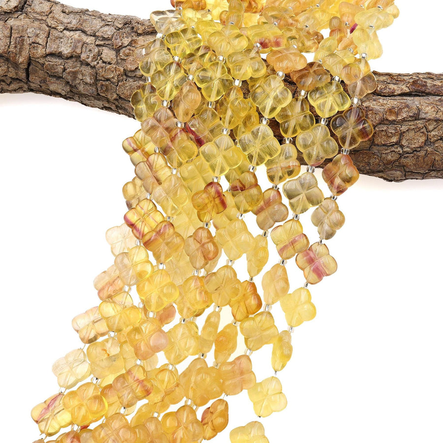 Rare Natural Honey Golden Yellow Mauve Candy Fluorite 4 Four Leaf Clover Flower Beads 14mm 3D Carving 15.5" Strand