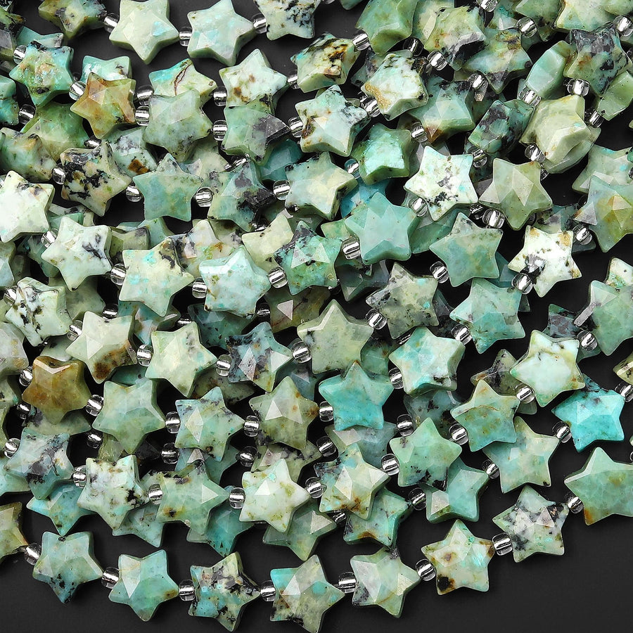 Natural African Turquoise Beads Faceted 10mm Carved Star Gemstone 15.5" Strand