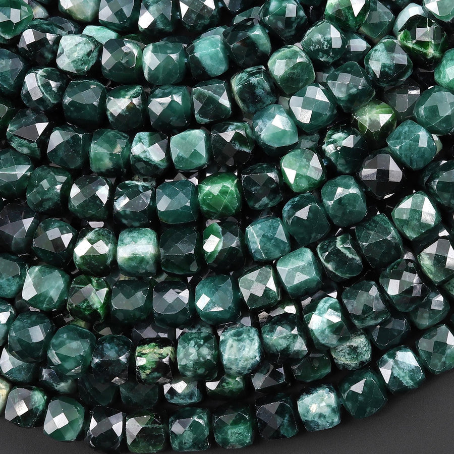 Faceted AAA Natural Guatemalan Dark Blue Green Jade 8mm Cube Beads 15.5" Strand