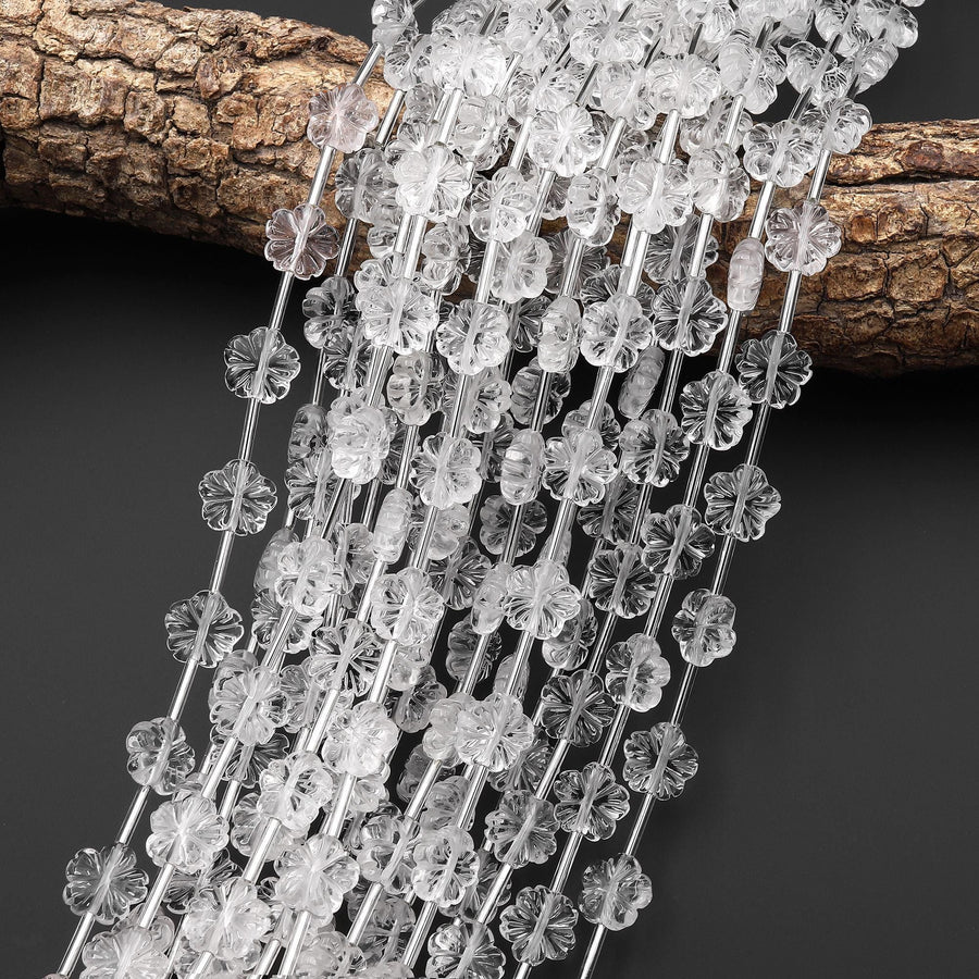 Natural Rock Quartz Crystal Hand Carved Cherry Blossom Flower Gemstone 3D 10mm Beads Strand
