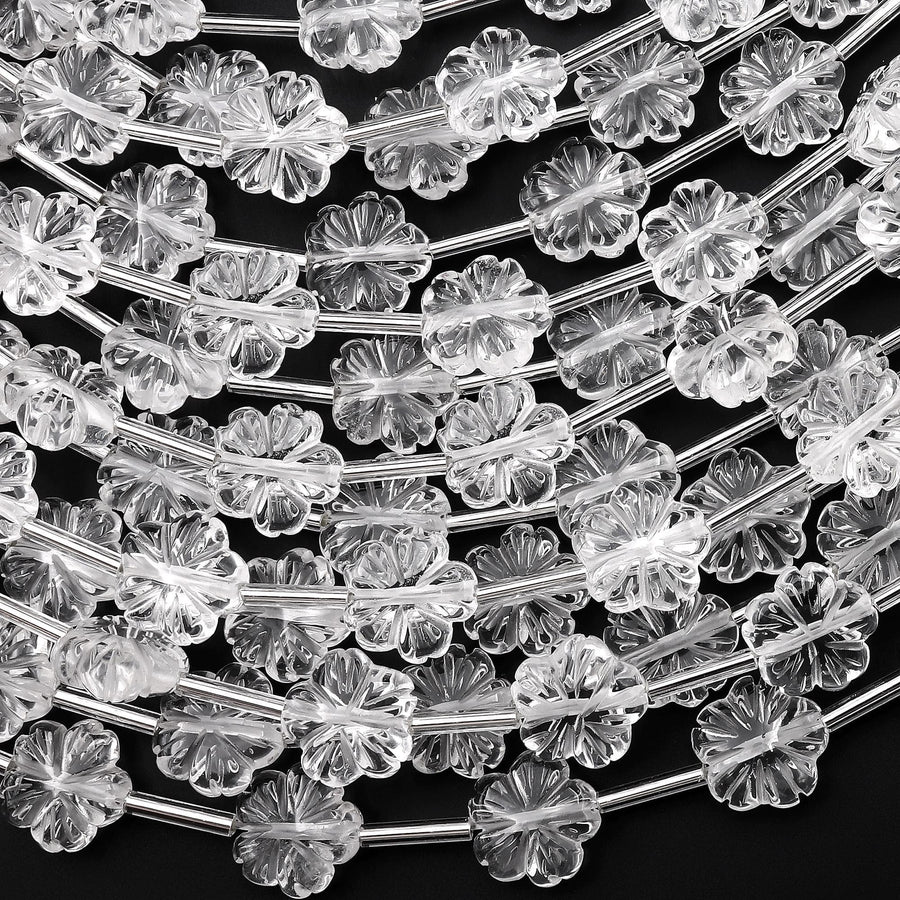 Natural Rock Quartz Crystal Hand Carved Cherry Blossom Flower Gemstone 3D 10mm Beads Strand